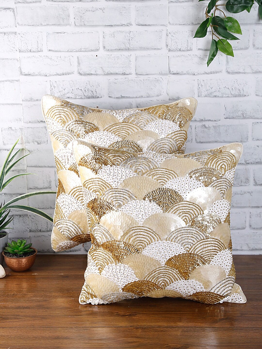 Set of 2 White & Gold-Coloured Embellished Square Velvet Sustainable Cushion Covers