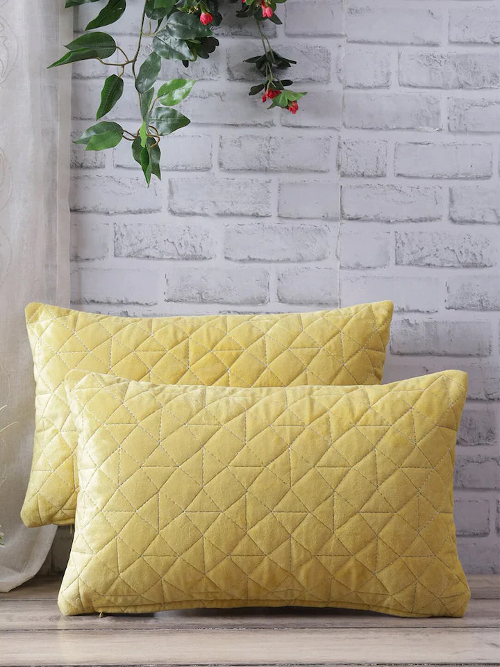 Set Of 2 Yellow Velvet Quilted Rectangle Cushion Covers