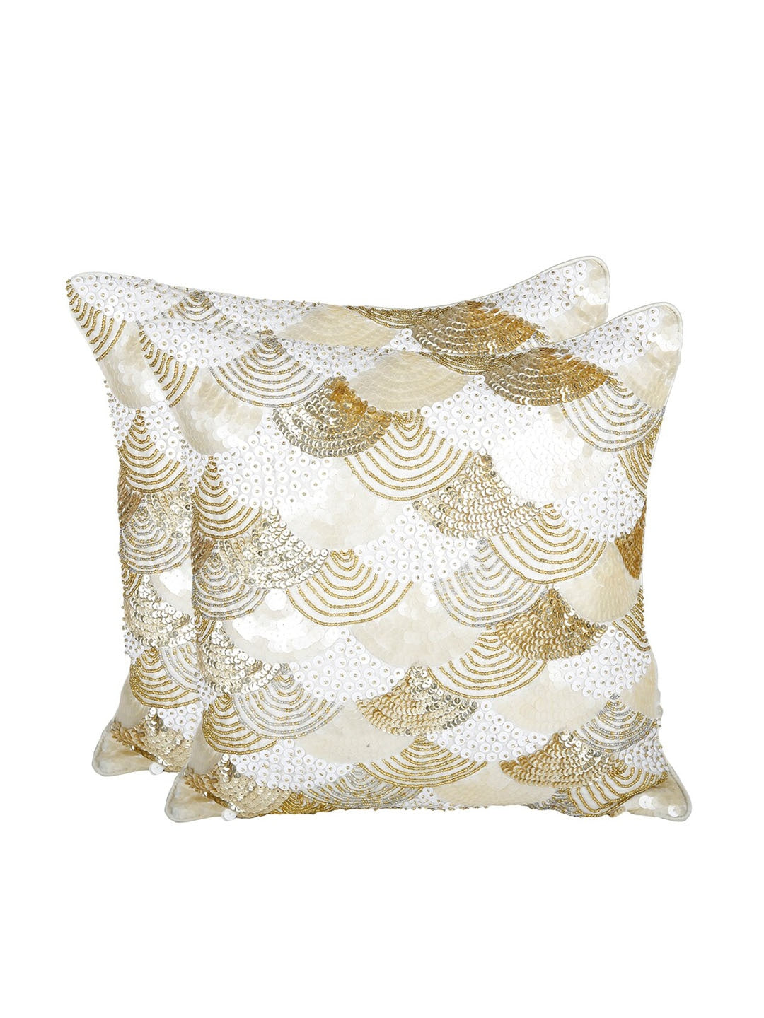 Set of 2 White & Gold-Coloured Embellished Square Velvet Sustainable Cushion Covers