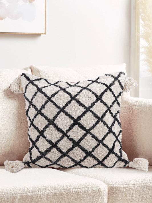 Set Of 2 Cream & Black Geometric Square Cushion Covers