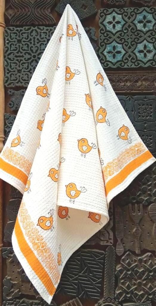 Kids Multicolored Printed Bath Towel (white & yellow with bird design)