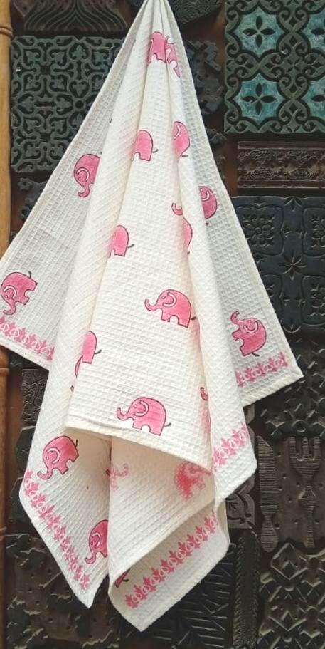 Kids Multicolored Printed Bath Towel (white & pink with elephant design)