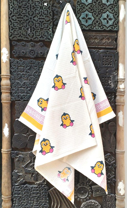 Kids Multicolored Printed Bath Towel (white & yellow with penguin design)